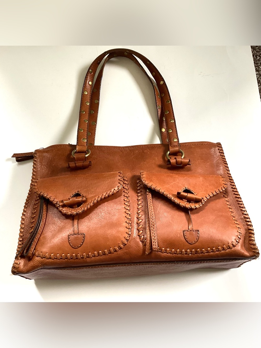 VTG Y2K Whip Stitched Front-Pocket Satchel in Cognac Brown by HYDESTYLE
